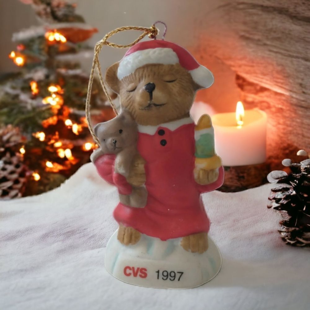 Vintage CVS Traditions Ceramic Ornament Teddy Bear Christmas 1997 Xmas Holiday